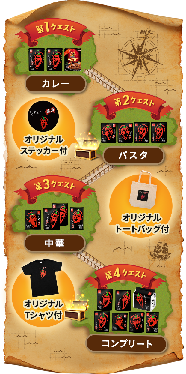 第1クエスト：カレー、第2クエスト：パスタ（オリジナルステッカー付き）、第3クエスト：中華（オリジナルトートバッグ付き）、第4クエスト：コンプリート（オリジナルTシャツ付き）