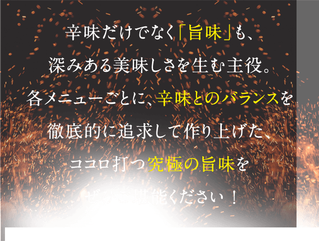 辛味だけでなく「旨味」も、深みある美味しさを生む主役。各メニューごとに、辛味とのバランスを徹底的に追求して作り上げた、ココロ打つ究極の旨味をぜひご堪能ください !