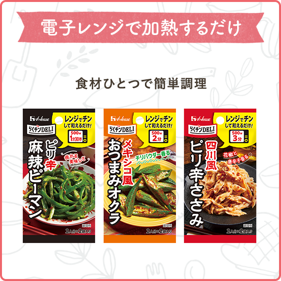 電子レンジで加熱するだけ　食材ひとつで簡単調理（らくチンＤＥＬＩ　麻辣ピーマン、らくチンＤＥＬＩ　おつまみオクラ、らくチンＤＥＬＩ　ピリ辛ささみ）