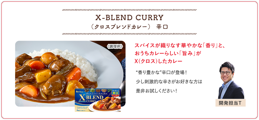 X-BLEND CURRY（クロスブレンドカレー） 辛口 スパイスが織りなす華やかな「香り」と、おうちカレーらしい「旨み」がX(クロス)したカレー “香り豊かな”辛口が登場！少し刺激的な辛さがお好きな方は是非お試しください！ 開発担当T