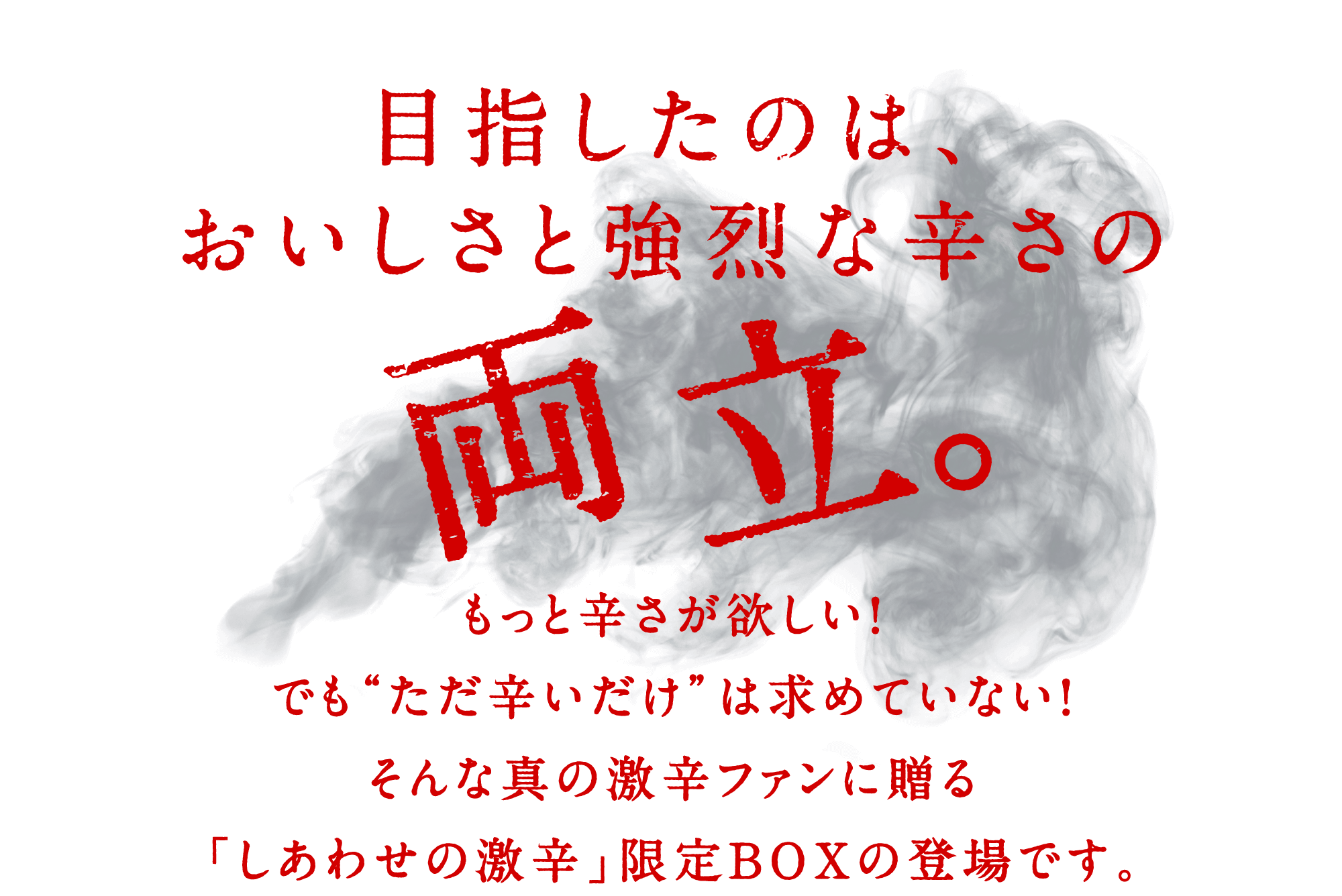 目指したのは、おいしさと強烈な辛さの両立。もっと辛さが欲しい！でも“ただ辛いだけ”は求めていない！そんな真の激辛ファンに贈る「しあわせの激辛」限定BOXの登場です。